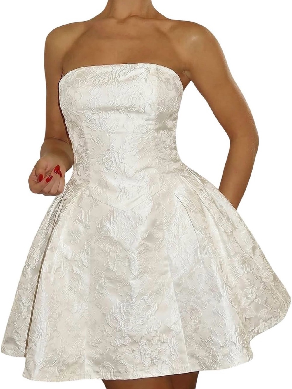 Strapless White Jacquard Fit & Flare Dress